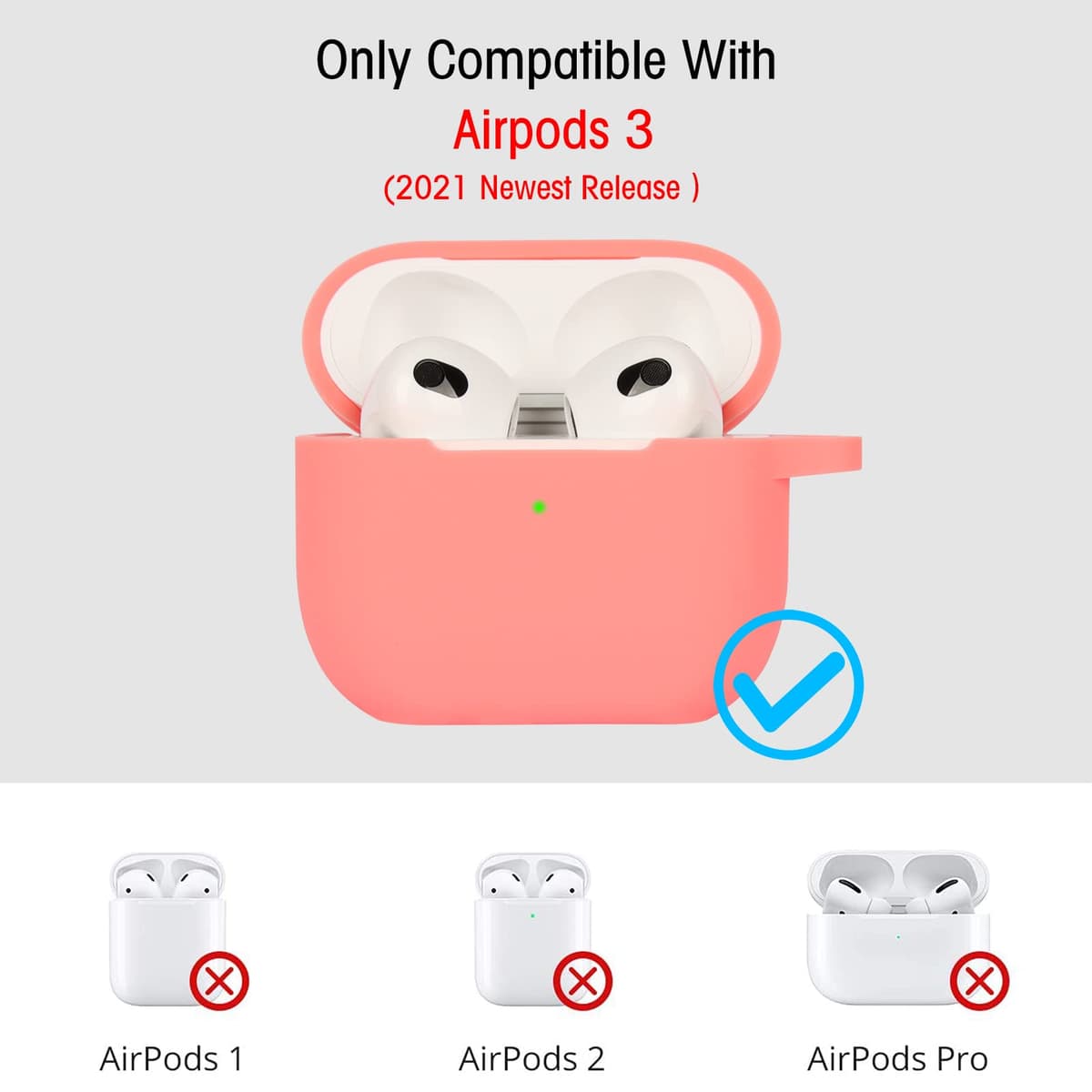 Funda de Silicona Compatible con AirPods 3, Anti-rasguños, Anti-Polvo, LED Frontal Visible, Funda Premium Silicona para AirPods 3.ª Generación (2021) con Mosquetón, Coral Orange — view 2