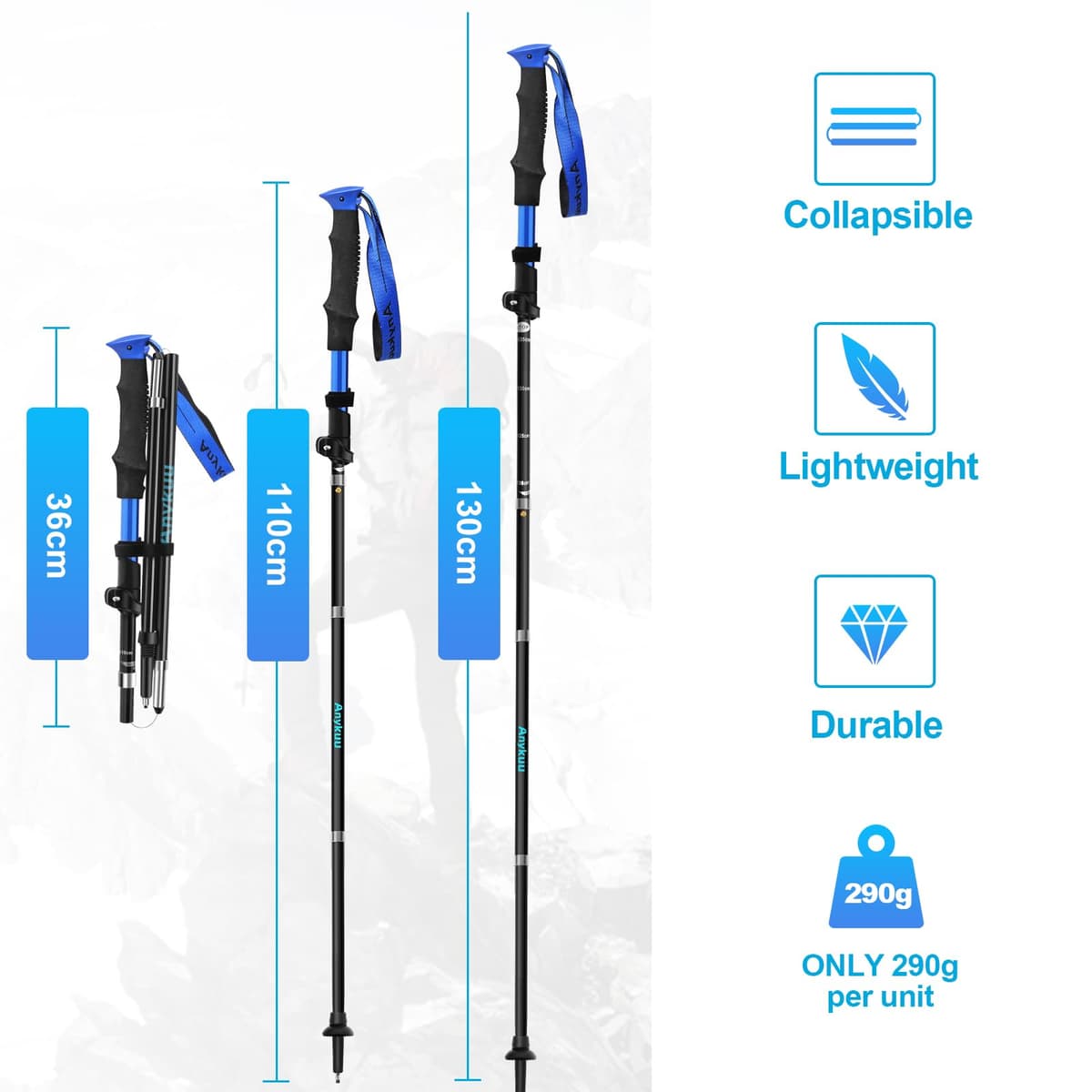 Anykuu 7075 Bastones de Senderismo de Aleación de Aluminio 2pcs y EVA Bastones Trekking Bastones Marcha Nordica Plegables Ajustar la Longitud 110-130CM para Senderismo Viaje Alpinismo Trail — view 4