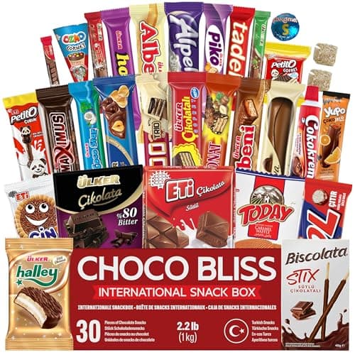 Eastanbul International Snack Box, 30 Chocolate Assortment Bars, Turkish Exotic Snacks, Assorted Candy Variety Pack of Foreign Exotic Candy Box of Assorted Chocolate