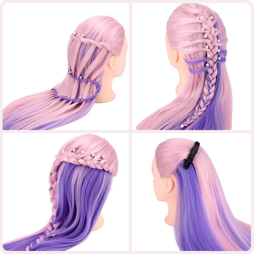 Cabeza de Maniquí de Peluquería, TopDirect 29"/75cm Cabeza Maniquí 100% de Cabello Sintética Cabeza de Muñeca para Peinar y Maquillar Practicas Formación con Soporte de Mesa y Accesorios(Rosa Violeta) — view 3