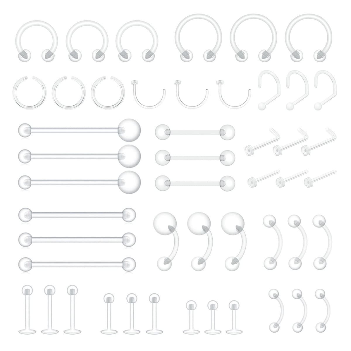 MixPiercing 48Pz Retenedores de Piercing Transparente Nariz Plástico Lengua Pezón Arete Labio Labret Aros De Ceja Cartílago Pulpa Trago Retenedor De Oreja Cirugía Para Quirofano Trabajo