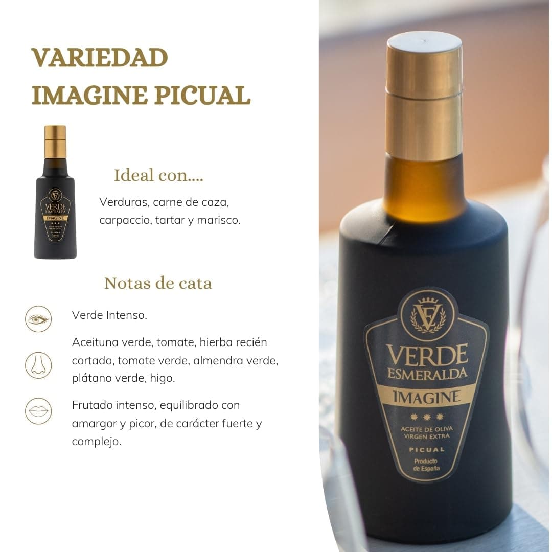 Verde Esmeralda Aceite de Oliva Virgen Extra Picual Imagine – Edición Especial España-Jaén, 500ml | AOVE monovarietal filtrado Sierra de Cazorla, afrutado intenso, oliva verde, tomate y almendra — view 3