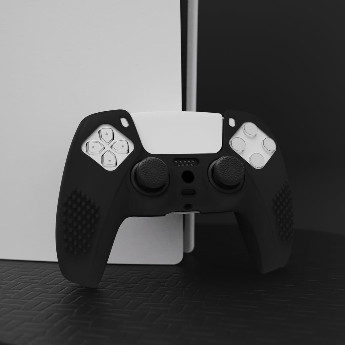 eXtremeRate PlayVital Funda de Silicona para ps5 Mando - Carcasa Protectora con 6 Tapas de Joysticks, Impermeable, Resistente y Antideslizante, Funda de Goma Suave para ps5, 3D Tachonado (Negro) — view 3
