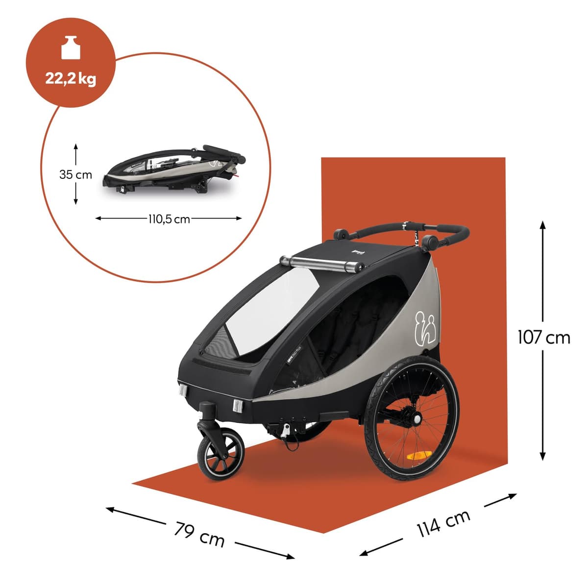 hauck Dryk Duo Plus, Black - 2in1 Kids Bike Trailer & Pushchair with Suspension 2 Seats Folding Bicycle Trailer with XL Storage, Tow Bar, Hitch, Pennant, Stroller Wheel & LED Rear Light — view 5