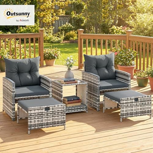 Outsunny 5 Piece Patio Furniture Set, Wicker Patio Chairs with Ottomans, 2-Tier Glass Coffee Table, Cushions, Outdoor Furniture Conversation Set for Balcony, Grey/Dark Grey