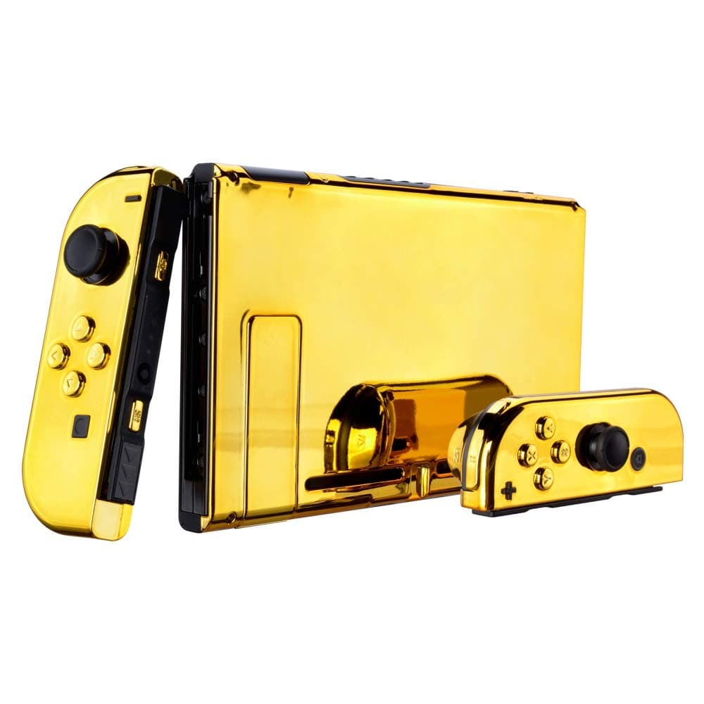 eXtremeRate Back Plate for Nintendo Switch Console, NS Joy con Handheld Controller Housing with Full Set Buttons, DIY Replacement Shell for Nintendo Switch - Chrome Gold — view 3