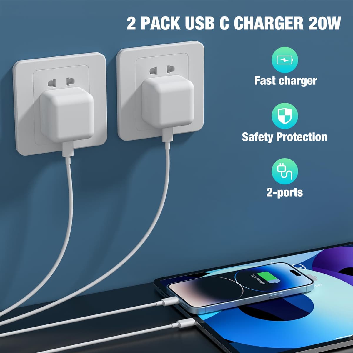 KTDRJN for iPhone Charger Fast Charge, 2Pack PD 20W Fast Apple Charger Cable 2M, iPhone Fast charger Plug with USB C To Lightning Cable for iPhone 14 13 12 11 Pro Max XS XR X 8 7 6 Plus, iPad and iPod — view 5