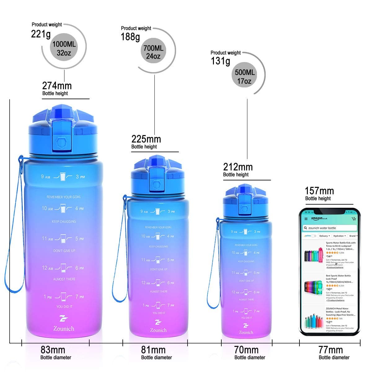 ZOUNICH Botella Agua Deporte, Botella Agua Niños sin BPA Reutilizable Plástico Tritan - 500 ml / 700 ml / 1 l, Cantimploras para Te con Filtro, para Infantil, Gimnasio, Bicicleta — view 5