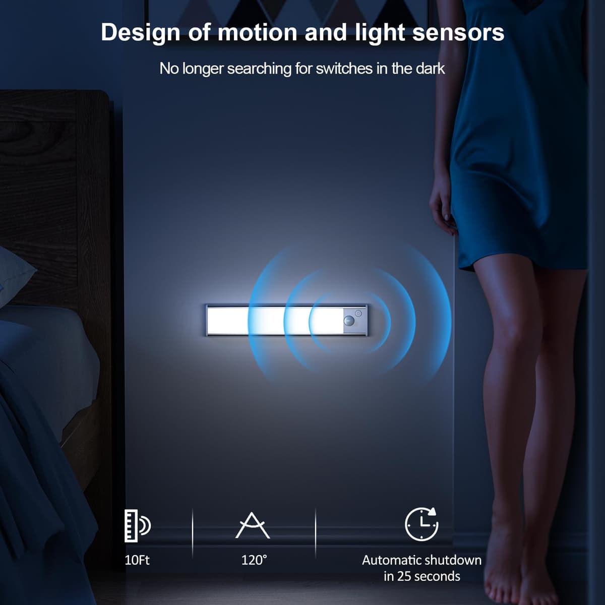 Under Cabinet Kitchen Lights Cupboard - LED Motion Sensor Light Indoor - 1100mAh Rechargeable Battery Operated - Wardrobe Strip Lighting Magnetic Stick Wireless USB Powered Shelf Stairs Counter Closet — view 3