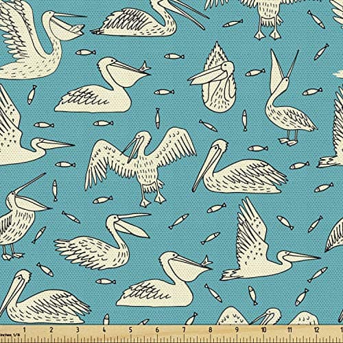 Lunarable Pelican Fabric by The Yard, Aquatic Nature Theme Birds and Little Fish on Ocean Inspired Background, Decorative Fabric for Upholstery and Home Accents, 1 Yard, Black Cream