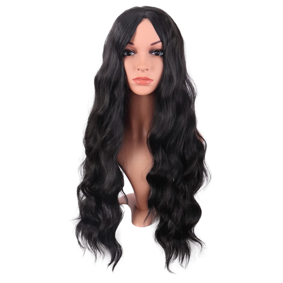 MapofBeauty 28 Pulgada/70 cm Largo Wavy Pelucas Middle Part Sintética Fibras Rizo Cabello Reemplazo Peluca Para Fiesta de Cosplay Diario (Negro)