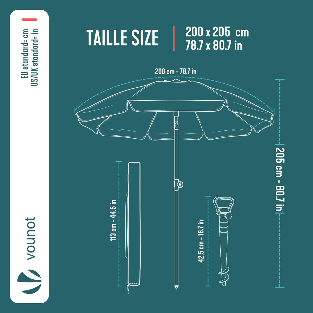 VOUNOT® Sombrilla Playa Grande Ø200cm y Soporte Arena Mástil Inclinable Altura Regulable Protección UV 50+ Parasol con Techo Ventilación Bolsa Transporte para Playa Terraza Balcón Camping Exterior — view 3