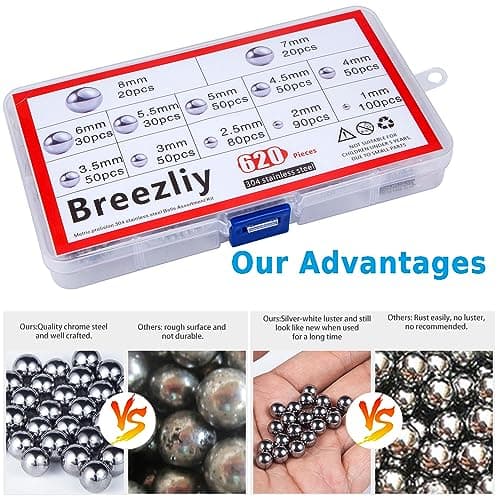 Breezliy 304 Stainless Steel Ball 620Pcs 1-8mm Metric Precision Assorted Loose Bicycle Bearing Steel Ball Assortment Kit（12 Sizes） — view 4