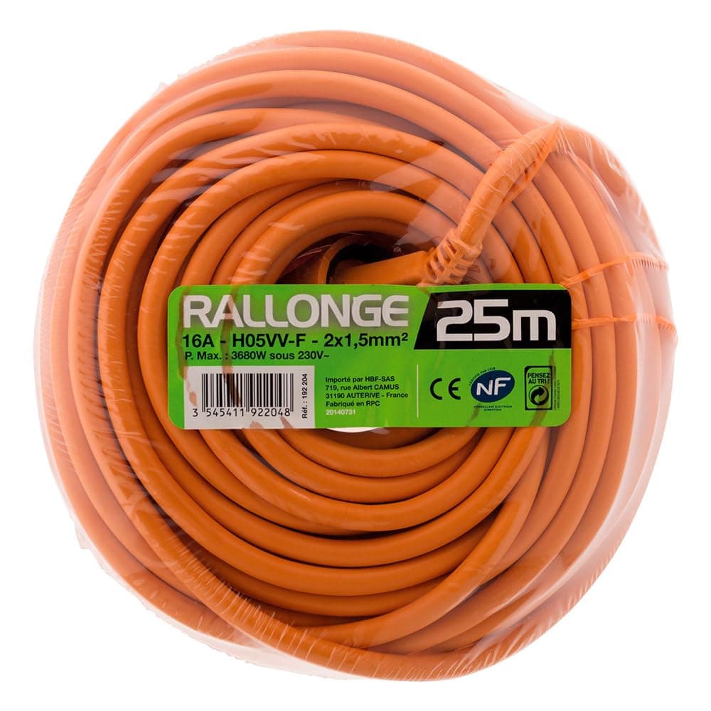 Zenitech - Alargador de Corriente 16A HO5VV-F 2x1,5mm² 3680W / 230V - Ideal para Cortacéspedes y Barbacoas - Resistente a Condiciones Exteriores - Conforme a Normas NF y CE - Naranja - Longitud 25m — view 3