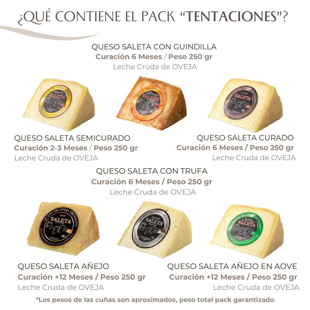 SALETA® Cesta Quesos Gourmet Regalo | Queso Oveja de La Mancha | 6 Cuñas Queso Semicurado, Curado, con Guindilla, Trufa, Añejo y en Aceite de Oliva Virgen Extra | "Pack Tentaciones 1,5Kg" — view 2