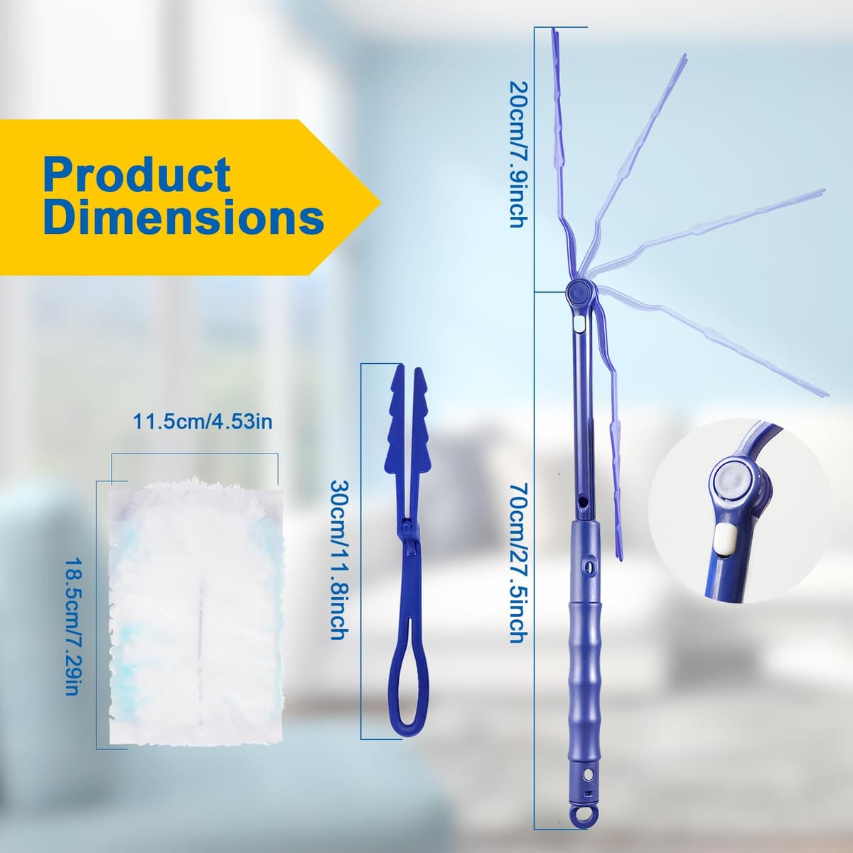 Plumero Atrapapolvo con 30 Recambios Desechables, Plumero Telescópico Extensible (90cm) y Mango Corto, Plumero Plano Antiestático para Polvo Casa, Debajo de Electrodomésticos y Espacios Reducidos — view 2