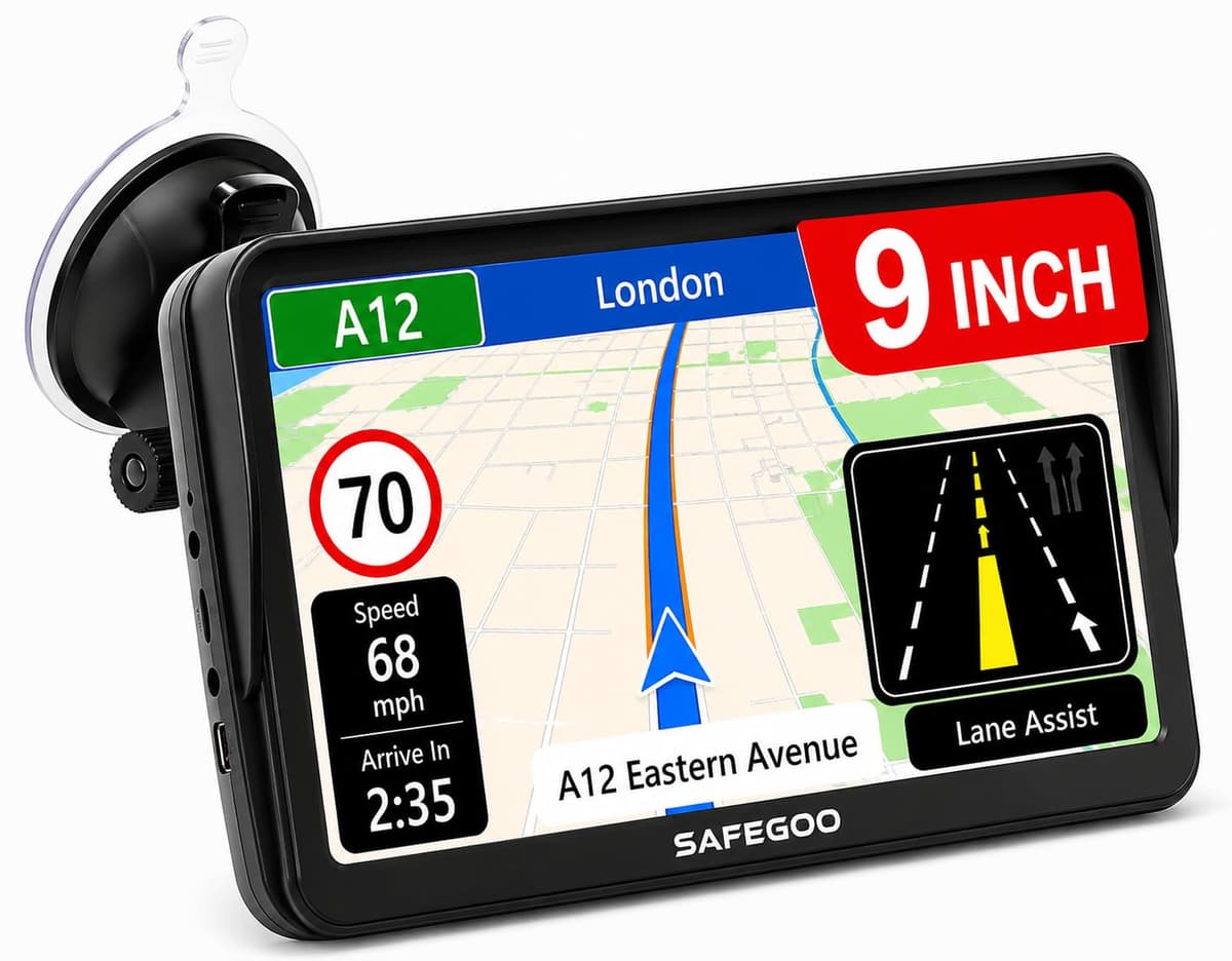 9 Inch GPS Sat Nav for Car, Truck & HGV with Sunshade, UK & Europe 2026 Maps, Free Lifetime Updates, Speed Camera Alerts, Custom Truck Routing, Offline Navigation