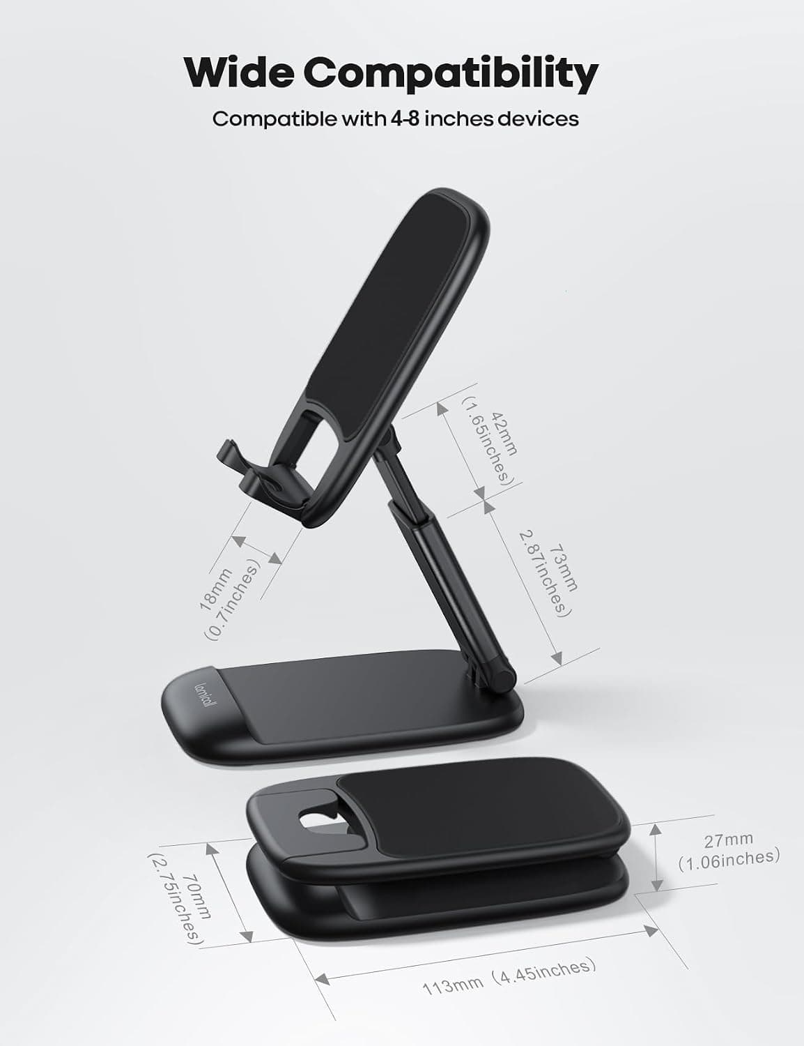 Lamicall Foldable Phone Stand for Desk - Height Adjustable Phone Holder Cradle Dock for iPhone 17 16 15 14 Pro Max Plus Air, 13 12 Pro Max Mini, 11 Pro, Xs, XR, X, 8, Samsung S23, 4"-8" Mobile Phones Black — view 5