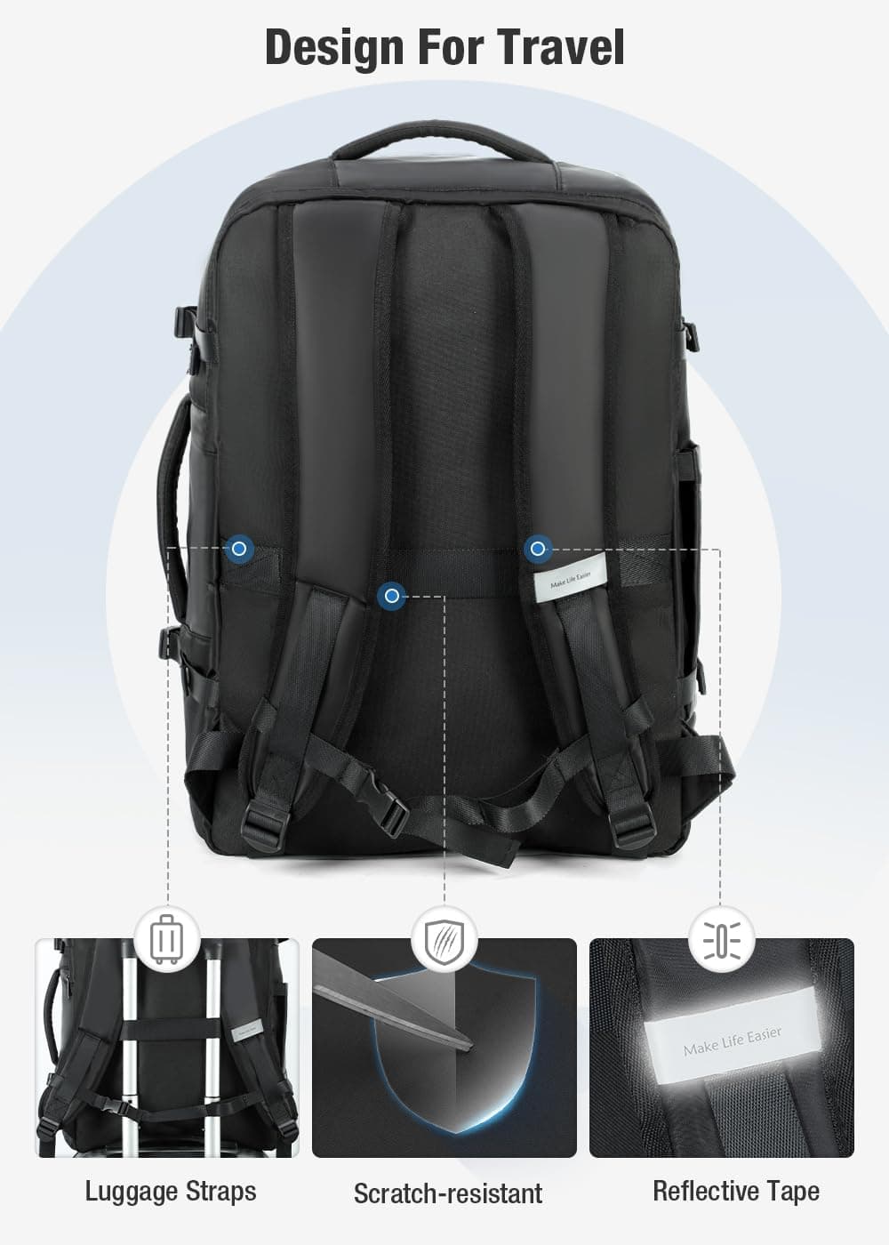 Lekespring Mochila de Viaje para Cabina de Avión 40x20x25 (20L), con Compartimento Húmedo y 6 Bolsas Organizadoras - Negocios y Escuela - Negro — view 6