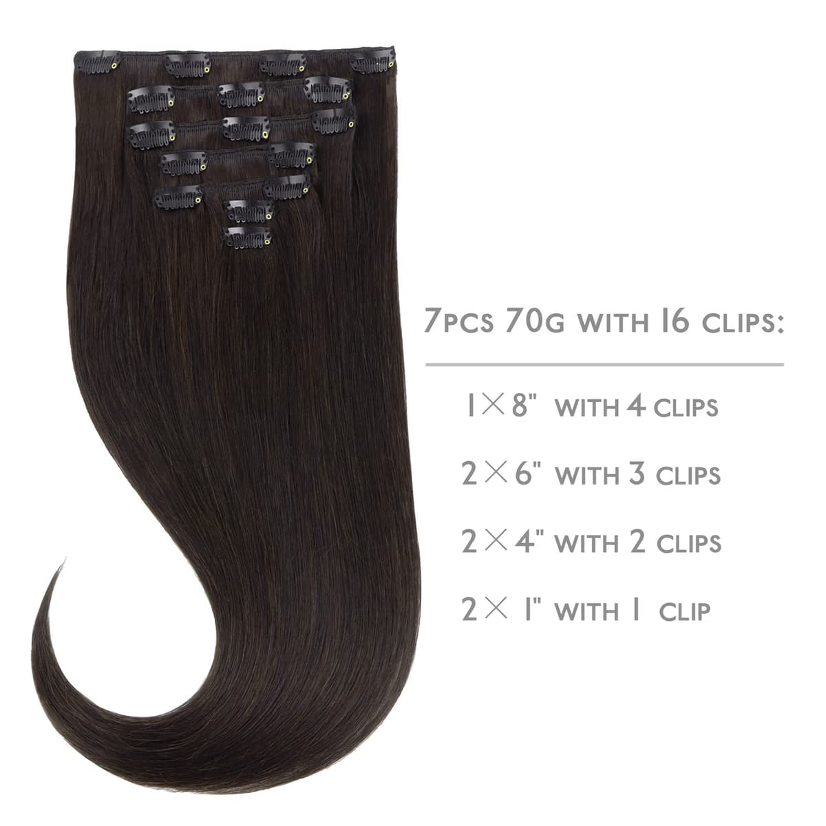WENNALIFE Remy - Extensiones de clip de pelo natural, 70 g, 7 unidades, 50 cm, color marrón oscuro — view 2