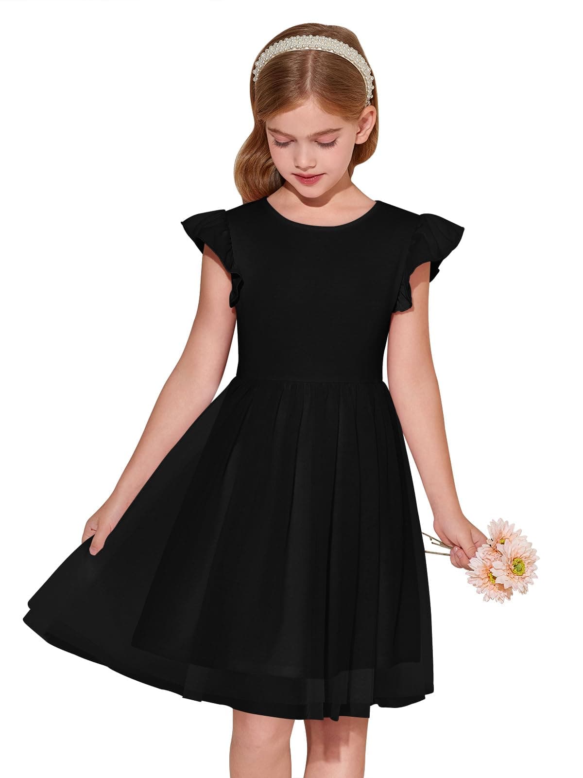 Haloumoning Vestido de niña con mangas con volantes, cuello redondo, monocolor, vestido de verano, línea A, vestido de princesa de tul, festivo, cumpleaños, boda, fiesta, vestido informal — view 9
