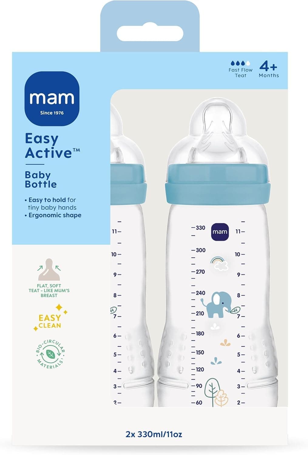 MAM Easy Active Baby Bottle with Fast Flow MAM Teats Size 3, Twin Pack, Baby Feeding, 330 ml, Blue (Designs May Vary) — view 2