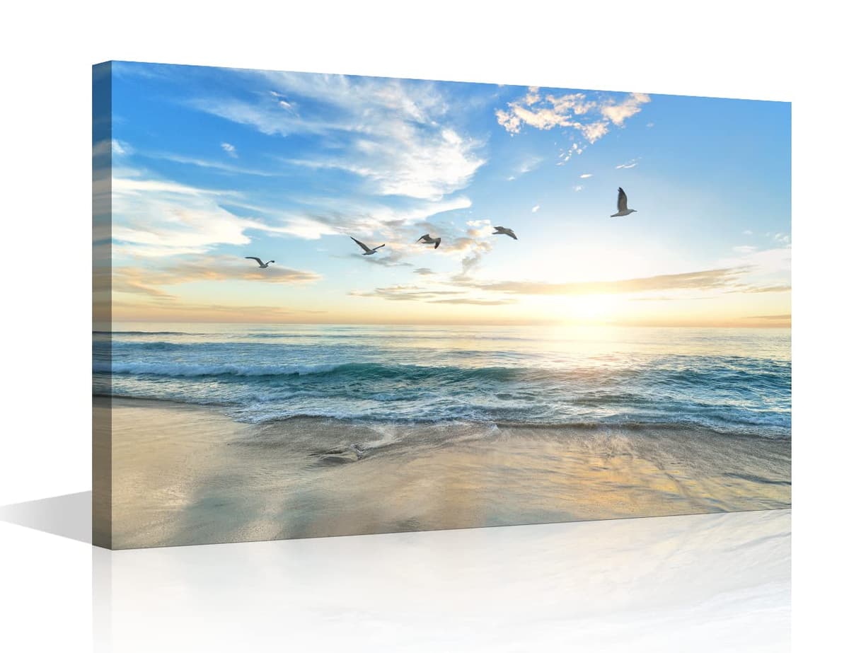 Framed Wall Art Canvas Ocean Decor Beach Bedroom Sunset Ocean Seagulls for Interior Bathroom Wall Décor Scenery Bed Dining Room Decorative 8x12inch (20x30cm), Seaside-02