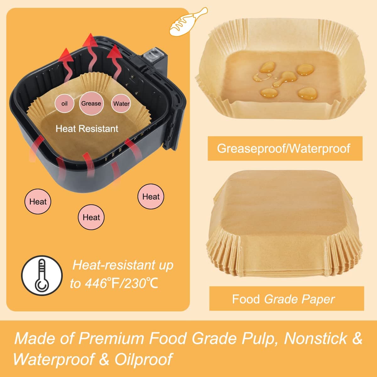 BYKITCHEN Air Fryer Parchment Paper Liner, 50PCS Square Air Fryer Liners Disposable, Greaseproof Paper, Compatible with COSORI, Ninja, Tefal, Russell Hobbs Fryers (Unbleached) — view 3