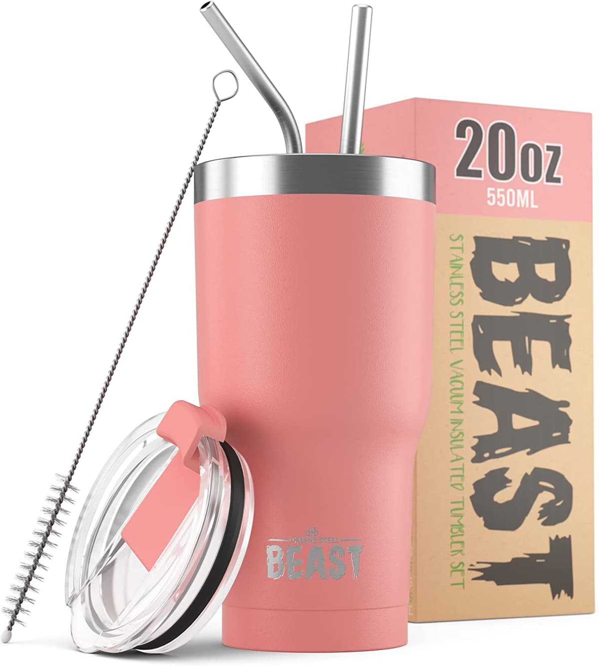 Greens Steel Beast Tumbler – 550 ml (20 oz), Coral | Vaso de acero inoxidable reutilizable con aislamiento al vacío | con 2 pajitas y cepillo de limpieza | Termo de viaje de doble pared — view 89