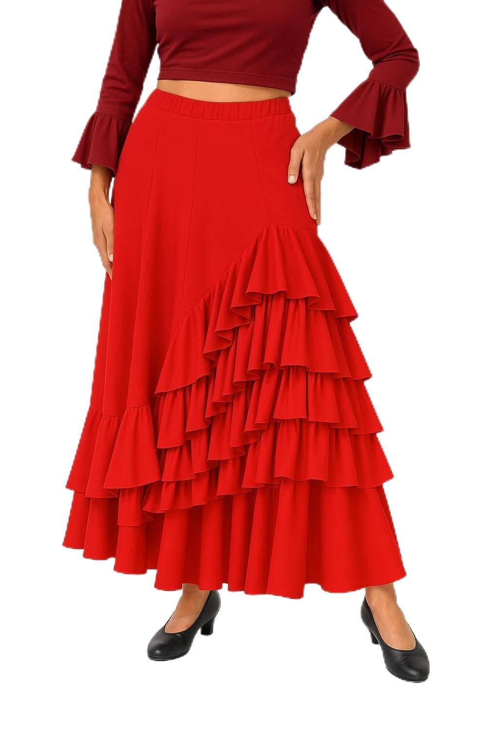 Falda Flamenca con 5 Volantes para Baile Profesional y Ensayo, Gran Vuelo y Tejido Elástico — view 4