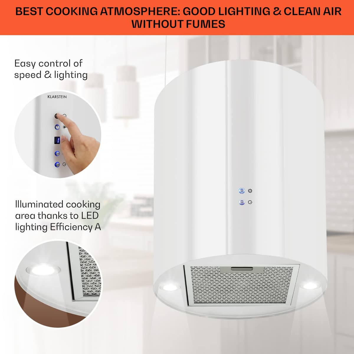 Klarstein Hanging Island Cooker Hood, Extractor Fan for Kitchen Islands, 558m³/h Airflow, Timer, Adjustable Kitchen Extractor Fan w/Chandelier Design, 3 Mode Cooker Hoods, Activated Carbon Filters — view 4
