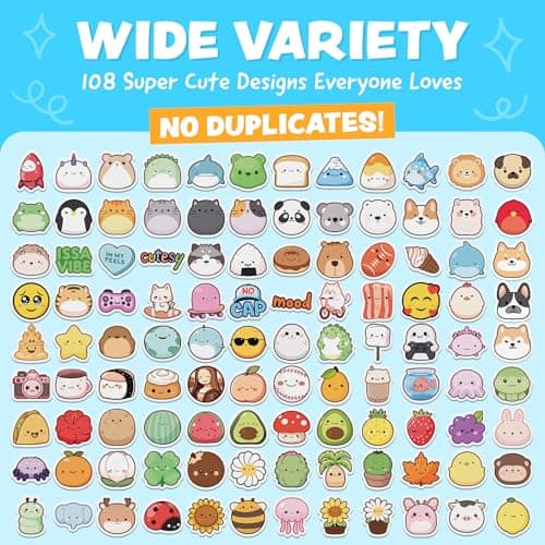 Cute Stickers for Kids Classroom Decor - 108pc Kawaii Water Bottle Stickers for Teens - Waterproof Vinyl Teacher Reward Stickers for Water Bottles, Scrapbook, Laptops - Back to School Supplies