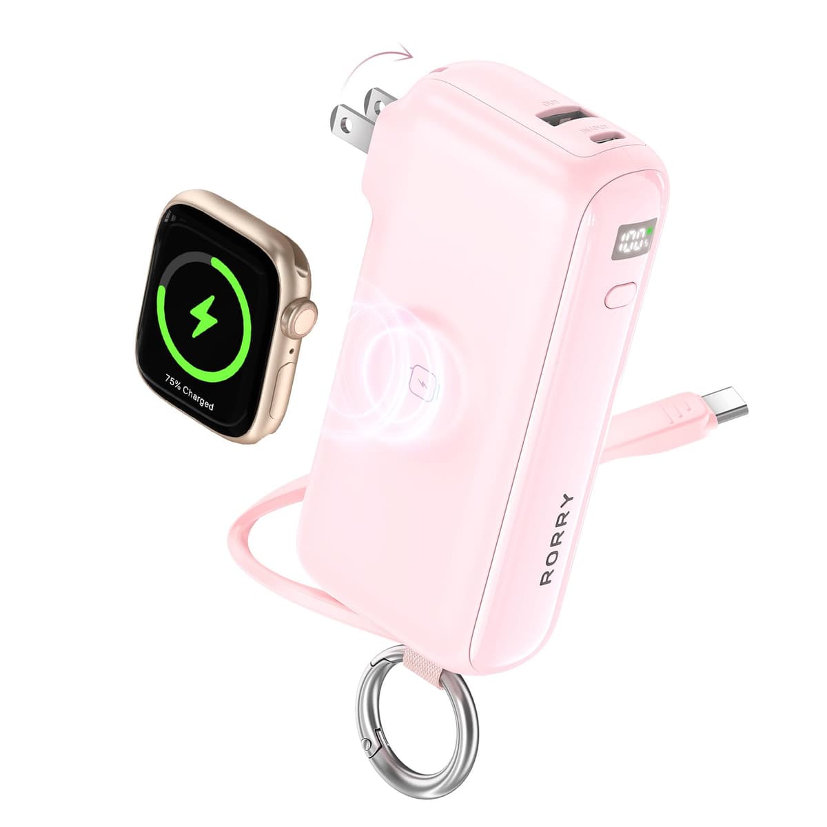 RORRY Flow Portable Charger, 10000mAh 40W Fast Charging Power Bank with Built-in USB C Cable and Foldable Wall Plug, Battery Pack Travel Essentials for iPhone 17/16/15, Apple Watch, iPad, MacBook