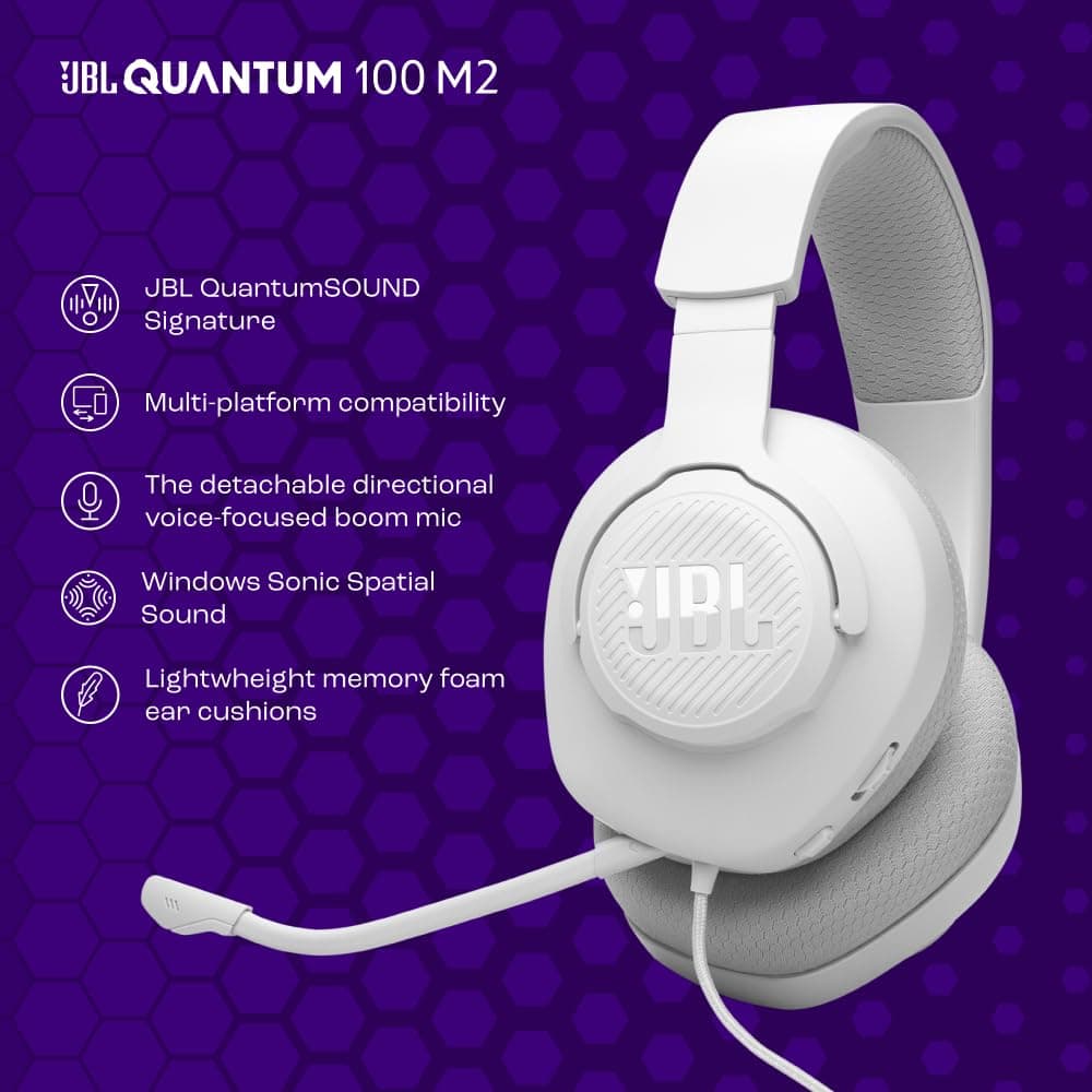 JBL Quantum 100M2 cascos circumaurales para gaming, JBL QuantumSOUND Signature, cable de audio de 3.5 mm, compatibles con múltiples plataformas, micrófono desmontable, función de silencio, blanco — view 2
