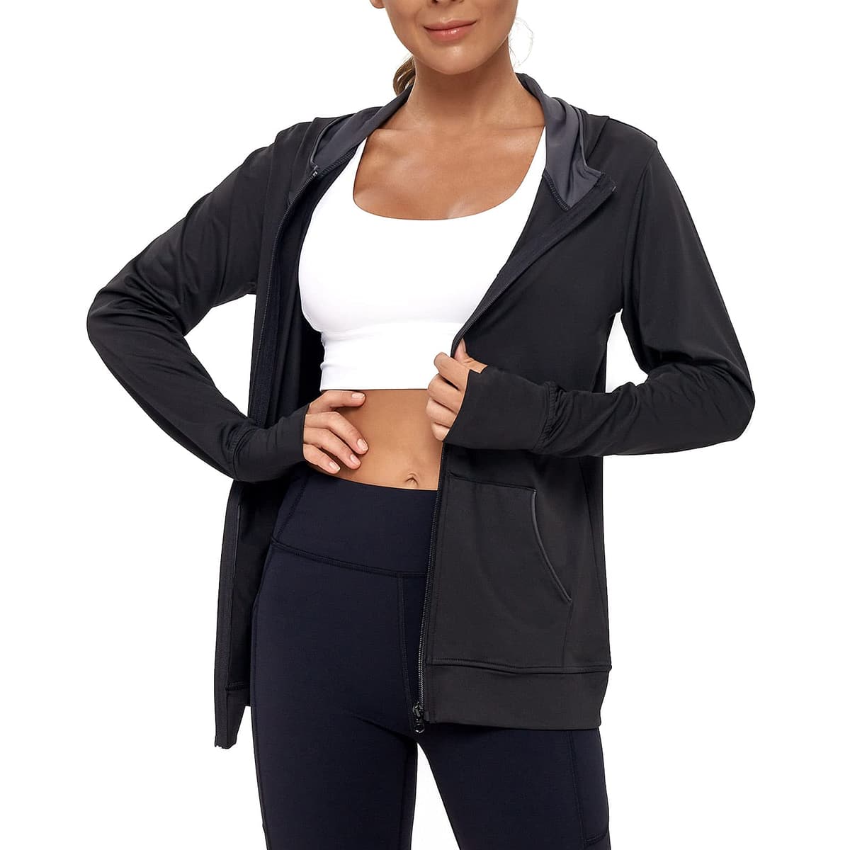 AMZSPORT Chaqueta Deportiva Mujer, Sudadera Capucha Running Cremallera con Bolsillos — view 3