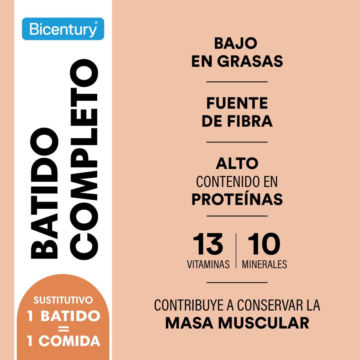 Bicentury Batido Completo Sustitutivo de Comida Sabor Chocolate, Rico en Proteínas, Bajo en Grasas saturadas, Un batido equivale a una comida completa, 436 g, 16 raciones — view 4