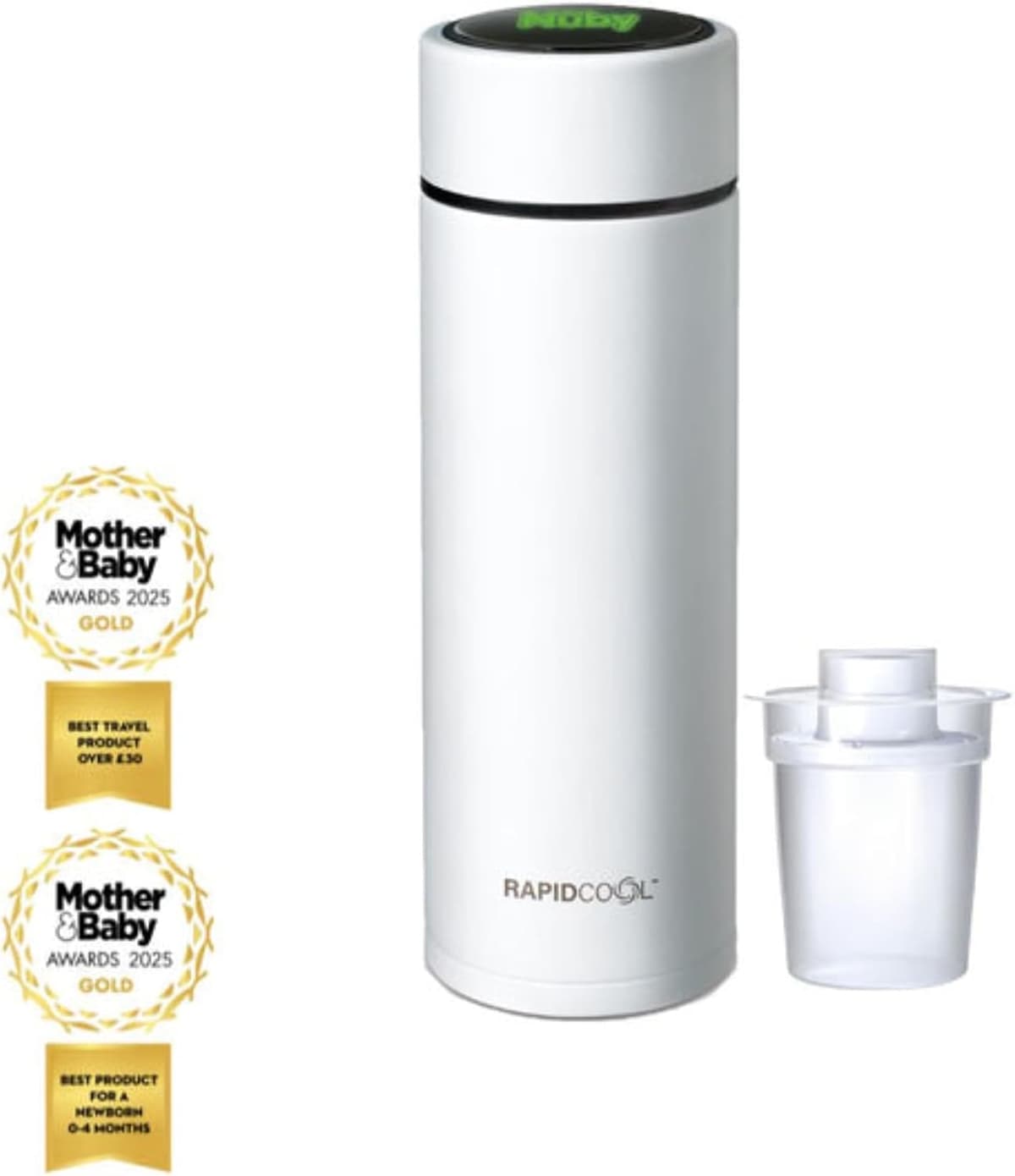 Nuby RapidCool Portable Baby Bottle Maker - Formula Feed in 2 Minutes | Ideal for Travel Bottles and Night Feeds | Includes Milk Powder Dispenser and Digital Lid | No Filter Needed (White)