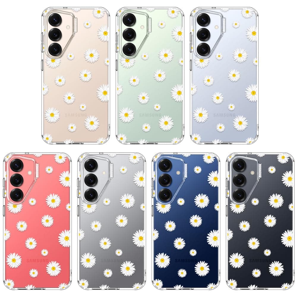 MOSNOVO Case for Samsung Galaxy S25 / Galaxy S24, [Buffertech 6.6ft Military-Grade Drop Protection] [Anti Peel Off Tech] Clear TPU Bumper Phone Case Cover Design - White Daisy — view 3