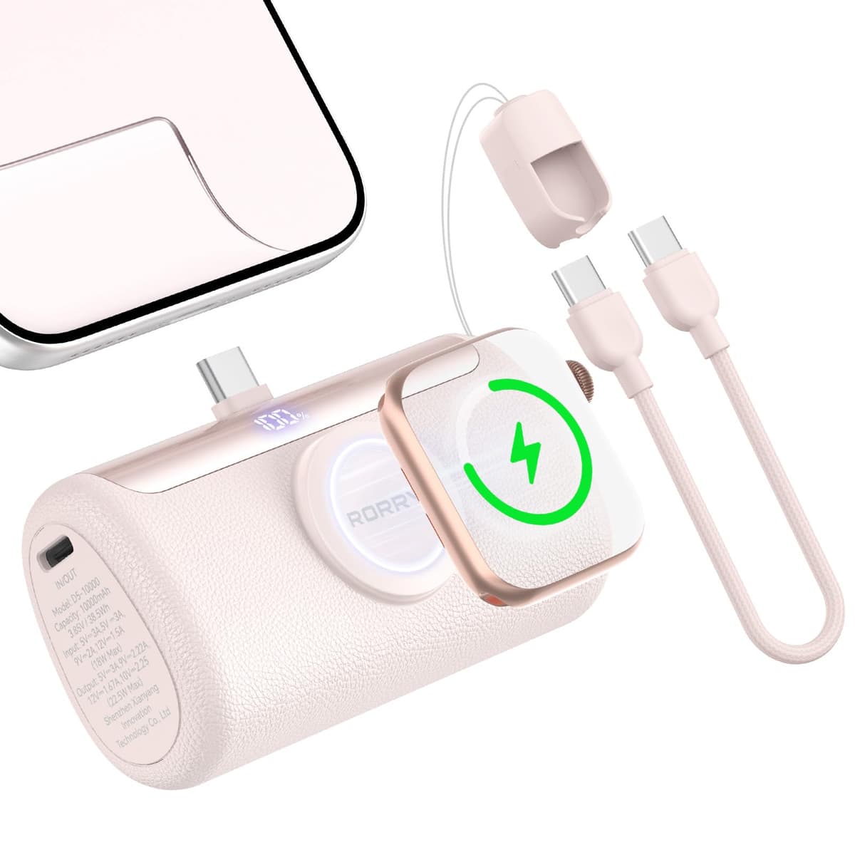 RORRY PalmGo Portable Charger, 10000mAh PD 22.5W Fast Charging Mini Power Bank with Built-in USB C Connector, 3-in-1 Battery Pack for iPhone 17/16/15 Pro/Max, Apple Watch Ultra/11/10/SE, iPad, Pink