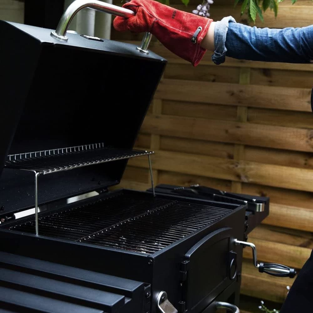 CosmoGrill Outdoor XL Smoker Barbecue Charcoal Portable BBQ Grill, 2 Folding Side Table, Built-in Thermometer, Adjustable Charcoal Pan & Chimney, Wheels, Large Coal BBQ Smoker for Home Garden Cooking — view 5