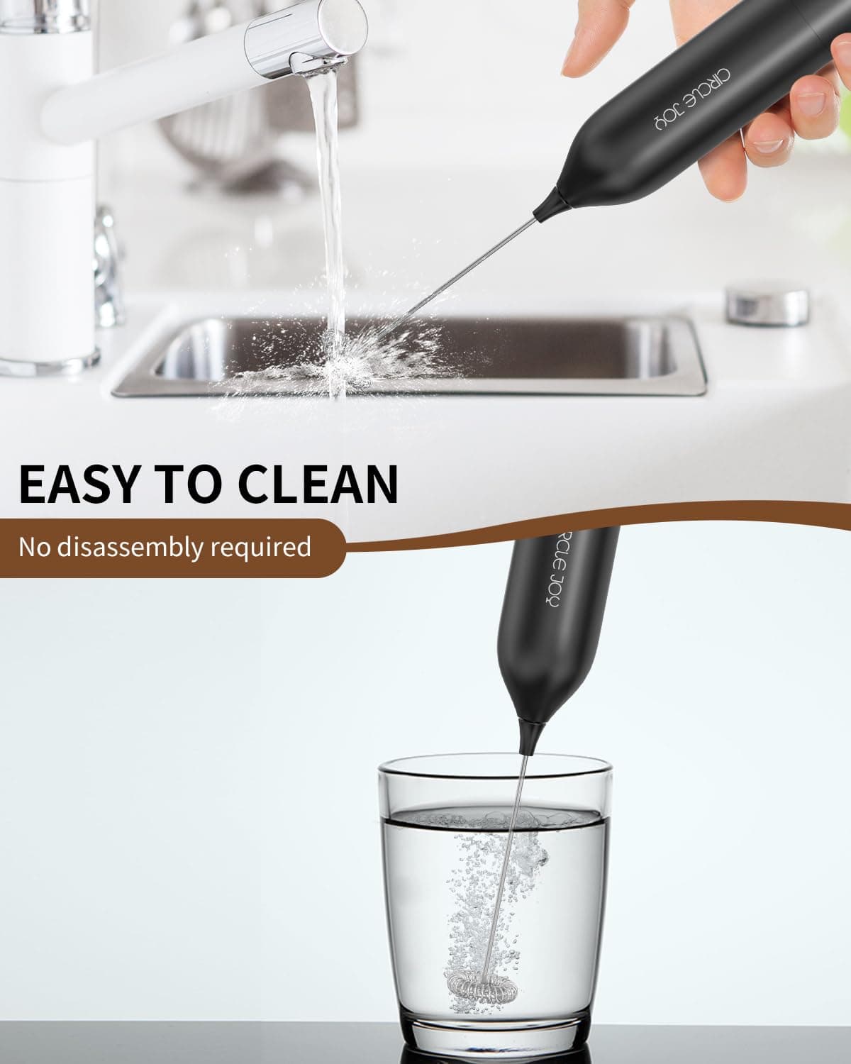 CIRCLE JOY Montalatte a Mano con Supporto, Frullino Montalatte Elettrico, a Batteria Mini Schiumatore per Latte, Cappuccino, Matcha, Regalo da Cucina, Nero — view 8