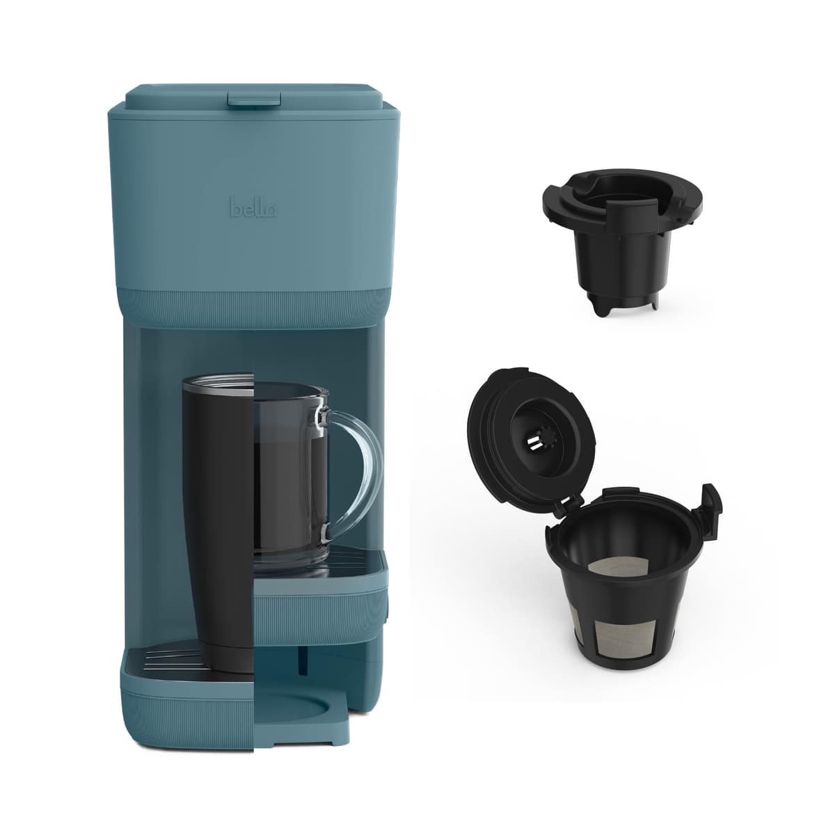 BELLA Single Serve Coffee Maker, K Cup & Coffee Ground Compatible with Removable, Adjustable Drip Tray, Auto Shutoff & Reusable Dishwasher Safe Accessories, Brews 6oz to 14oz, 1000 Watt, Oatmilk — view 10