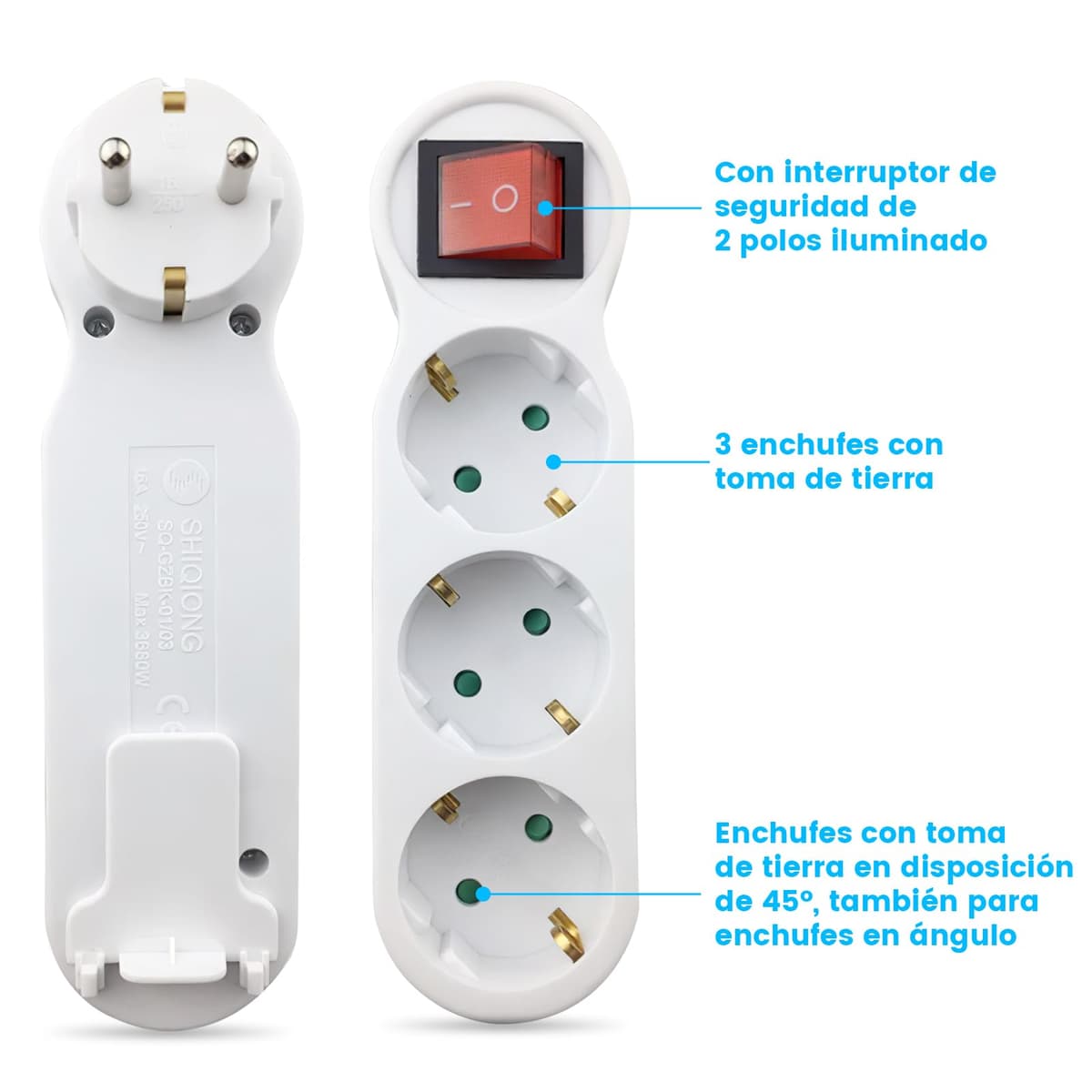Triple Wall Plug, 3 Sockets with Light Switch, 16A 250V 3680W Max, Compact Design for Small Spaces in Home or Office — view 4