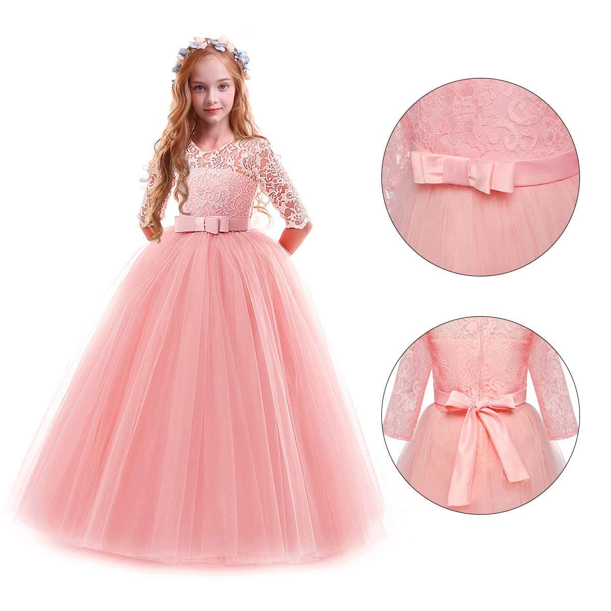 IWEMEK Flower Girls 3/4 Sleeve Floral Lace Tulle First Communion Pageant Dresses Kids Big Girls Princess Birthday Carnival Christmas Bridesmaid Wedding Party Prom Ball Gown 2-14 Years — view 4
