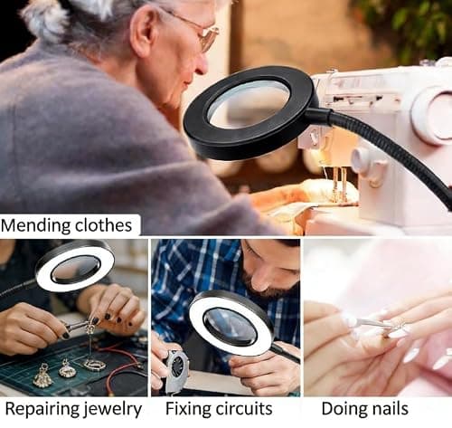 95mm Magnifying Glass with Light - Flexible Gooseneck Magnifier with 3 Color Modes 12 Dimmable Brightness for Craft Hobby Sewing Close Work (No Adapter) — view 2