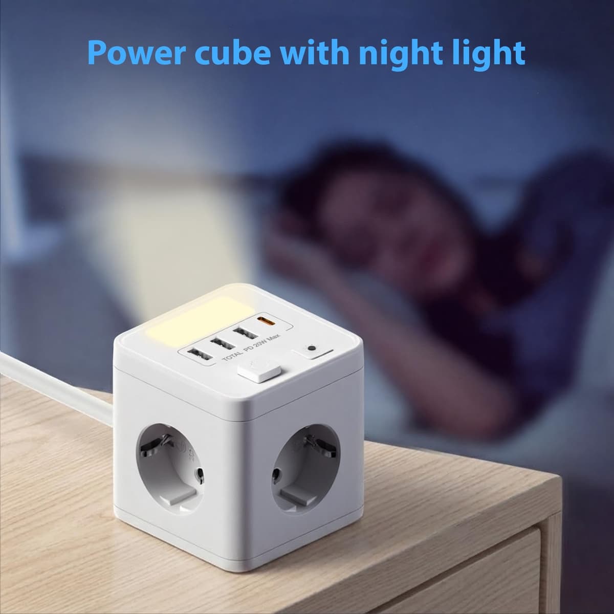 Ladron Enchufes USB C 20W con 4 Tomas, Cubo Regleta Enchufes 1.5 Cable con 1 USB C y 3 USB A, Enchufe Múltiple con Interruptor y luz Nocturna para Viajes, Cocina, Oficina — view 5