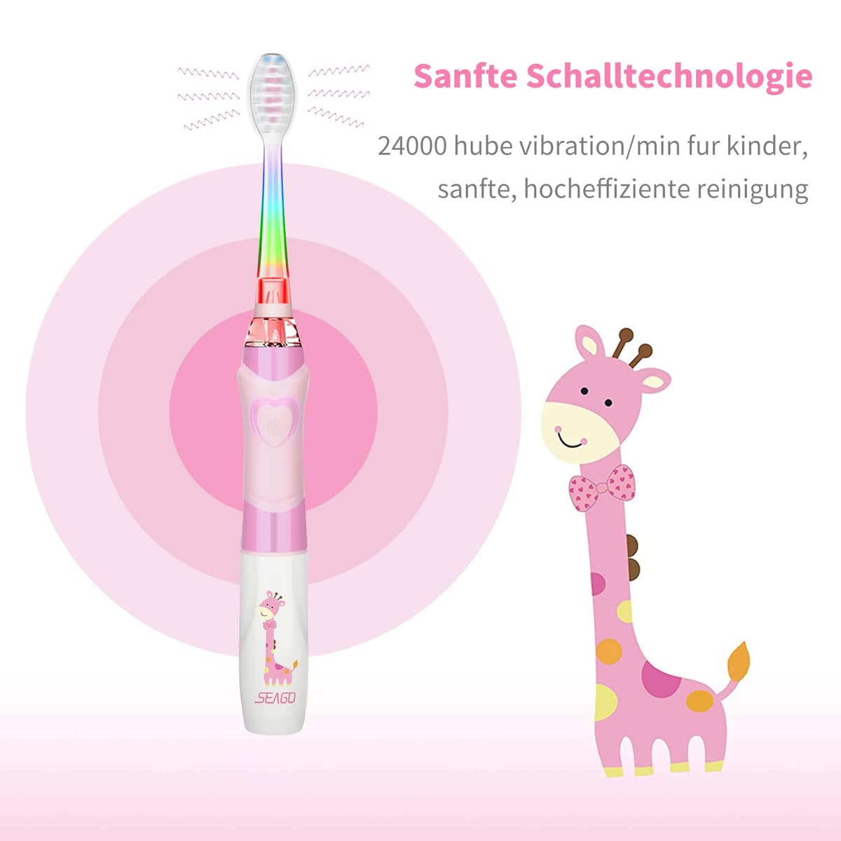 Seago Cepillo de Dientes Infantil Eléctrico Para Niños 3–12 Años Kids Con Luz de Colores,Temporizador Inteligente de 2 minutos,4 Cabezales Suaves SG-EK6/SG-977 (Rosa) — view 5
