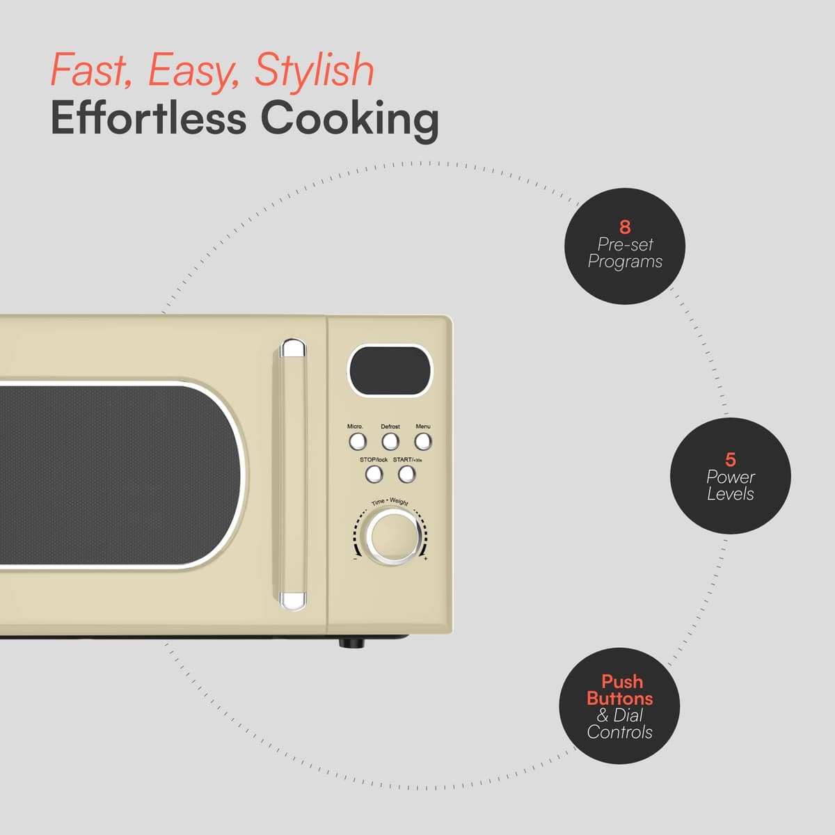 Cookology RETDD20CR Freestanding Retro Microwave - 20 Litre Capacity - With 25.5cm Turntable - 800W Microwave - 8 Auto Cooking Programs - 5 Cooking Power Levels - Defrost Setting - Cream — view 3