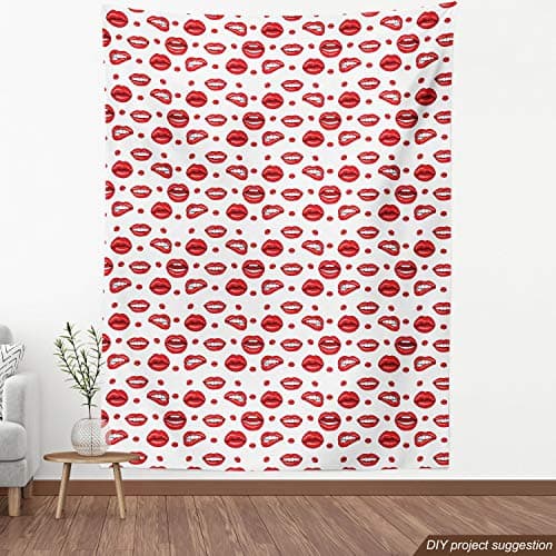 Ambesonne Vintage Fabric by The Yard, Various Women Lip Forms in Several Gestures Sad Nervous Happy Female Print, Decorative Fabric for Upholstery and Home Accents, 1 Yard, White Vermilion — view 3