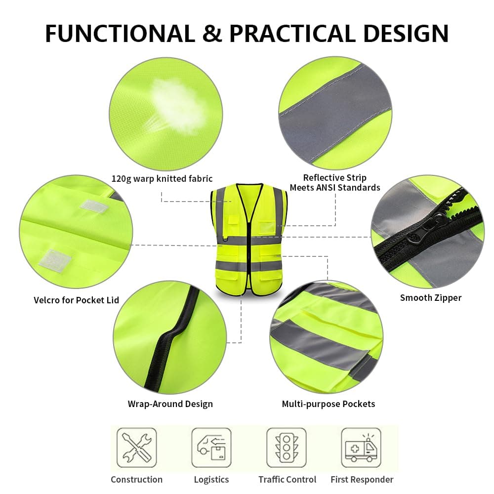 Hi Vis Vests for Women Men High Visibility Reflective Safety Vests Breathable With Pocket Zipper for Build Oudoor Work Meet ANSI/ISEA Standard — view 5